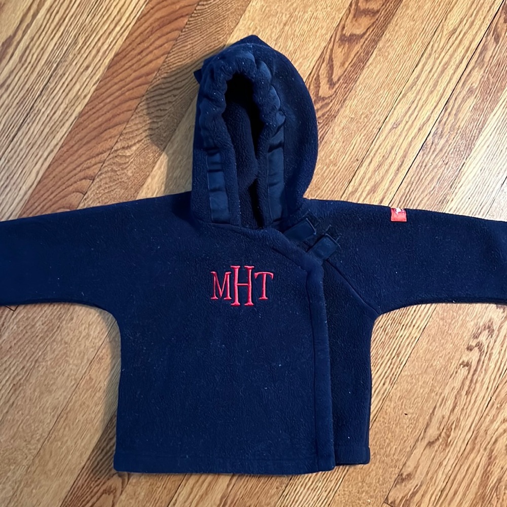 12 month navy blue Widgeon fleece jacket with personalization in red (MHT)